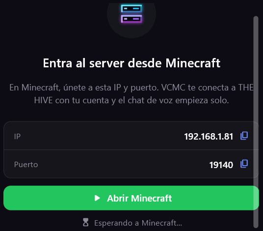 Sala de voz con IP, puerto y botón Abrir Minecraft