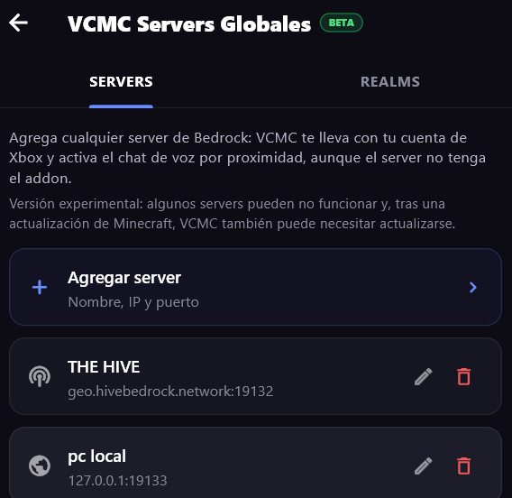 Lista de VCMC Servers Globales