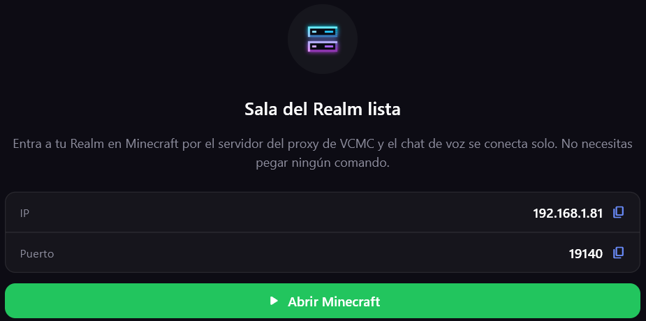 Sala del Realm con IP, puerto y botón Abrir Minecraft
